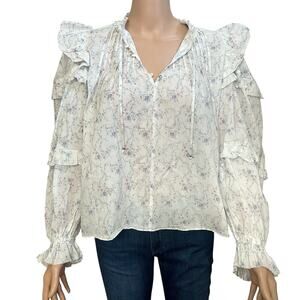 Olivaceous Peasant Top Small Oversized Cottagecore Prairie Floral Balloon Sleeve